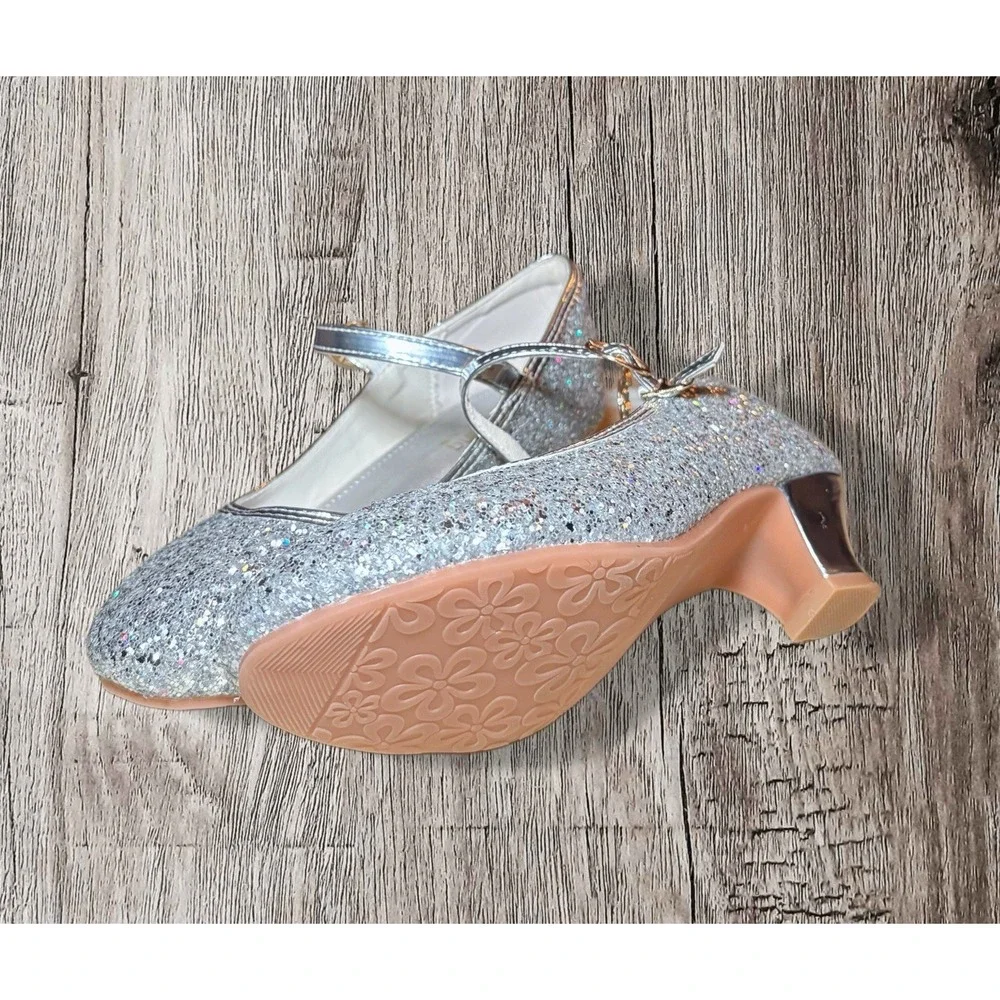 Girls Silver Glitter Heels Dress Party Wedding Shoes Princess Pumps Size 4.5